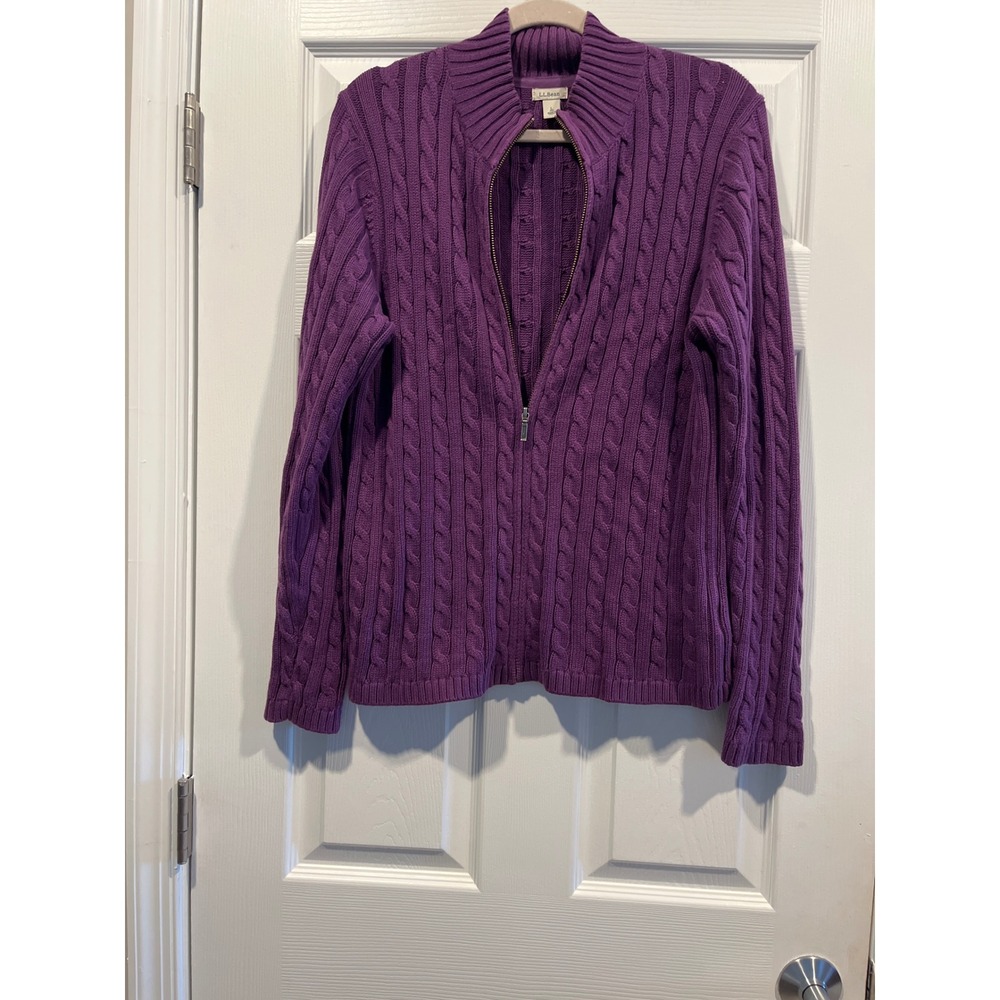 LL Bean Womens Large Purple Cable Knit Full Zip Cotton Cardigan Sweater 243978